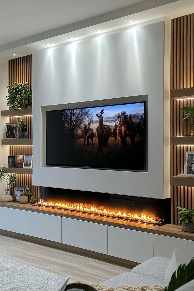 Fluted Oak & Flame Media Wall